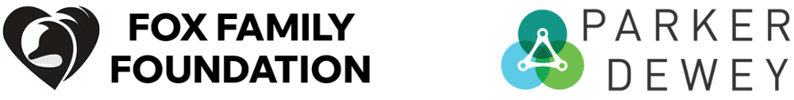 A black and white logo of a fox shaped into a heart labeled Fox Family Foundation next to a tri-venn diagram labeled Parker Dewey